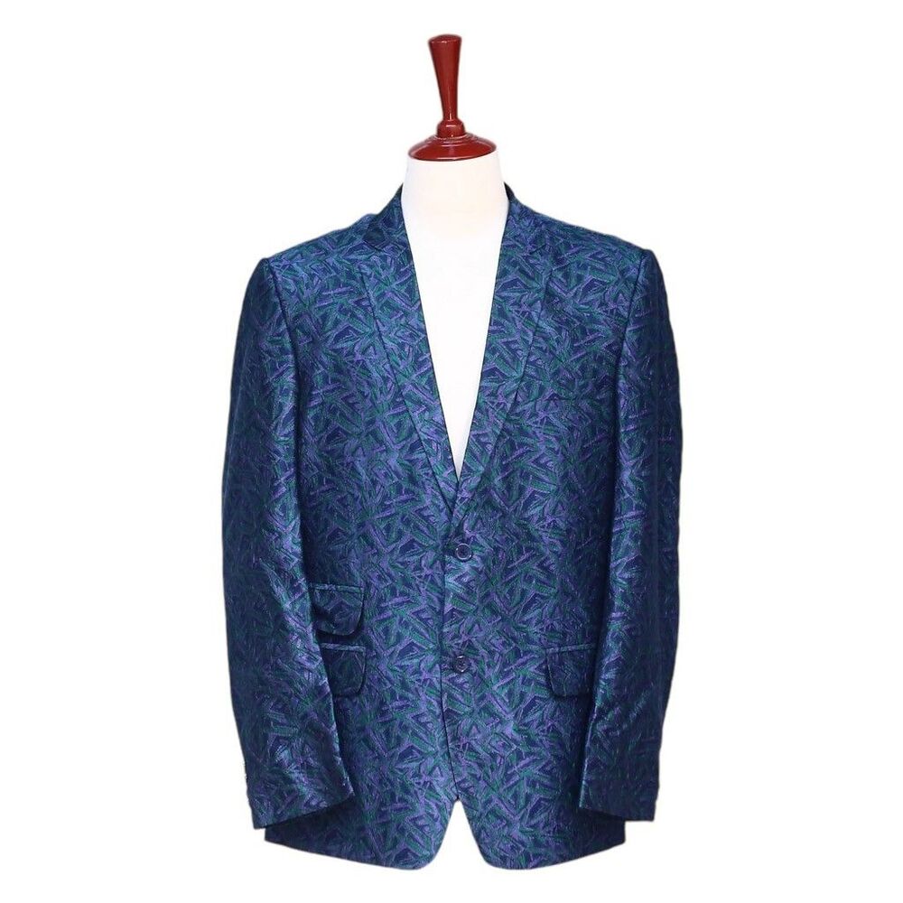 Mens 44R Blue Purple Green Jacquard Blazer Abstract Formal Wedding Sport Coat